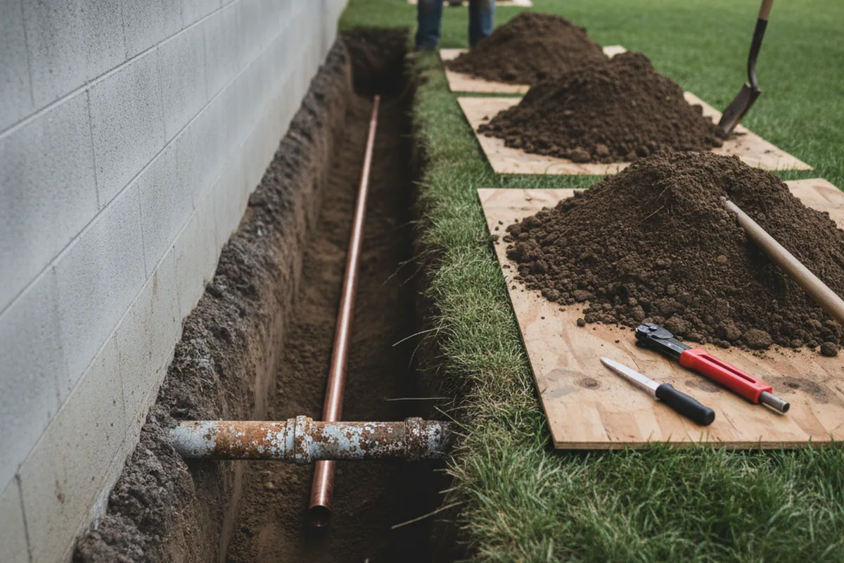 Excavated water line trench during Sewer Line Repair in Long Lake